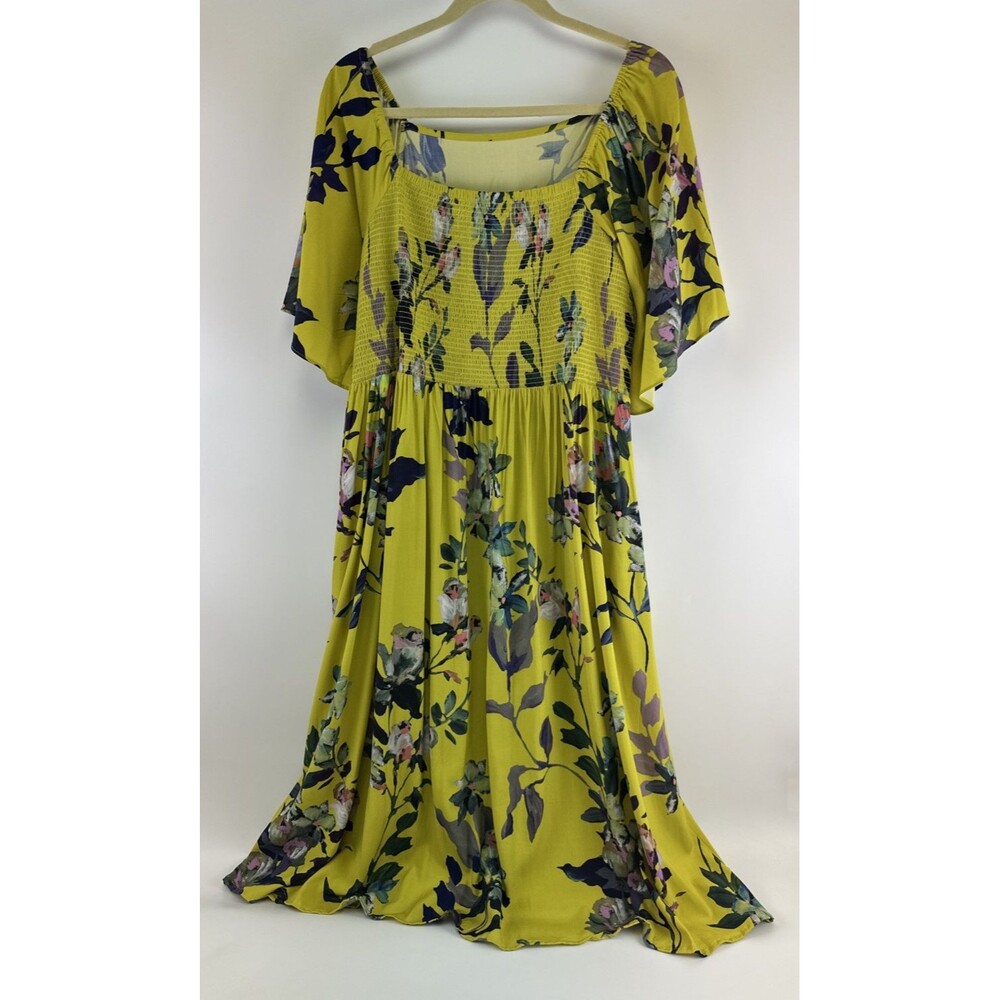 Soft Surroundings Maise Floral Smocked Midi Dress Yellow Flutter Sleeve Plus 2X - Picture 7 of 13